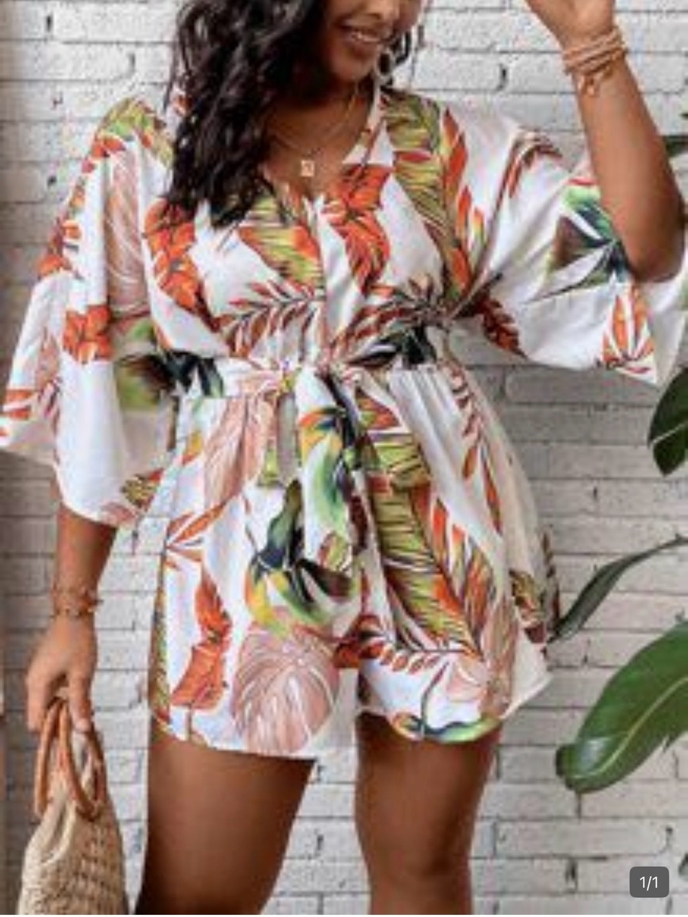 SHEIN White Tropical Leaf Print Women’s Shorts Romper